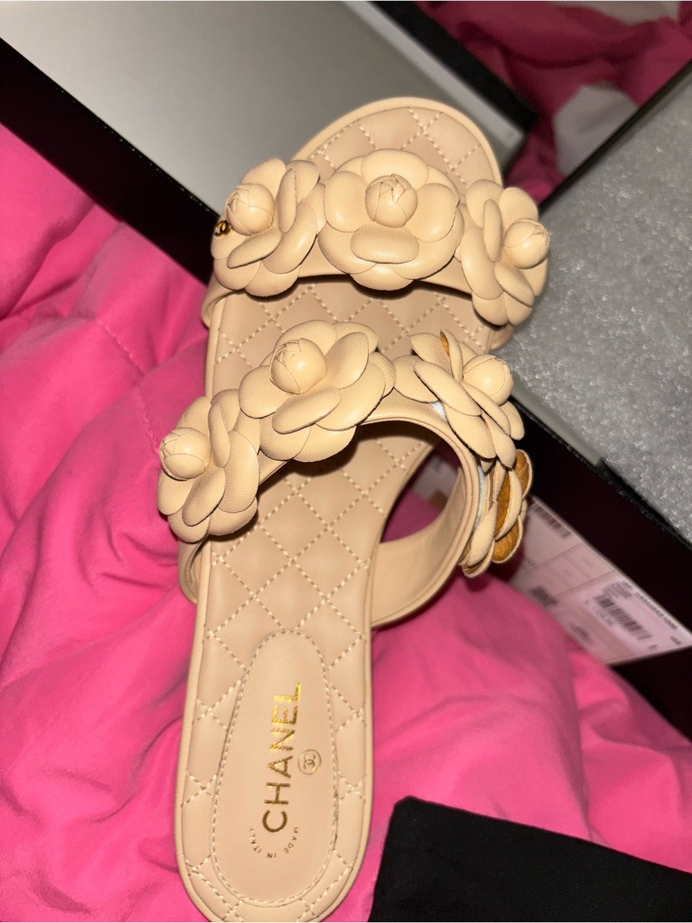 CHANEL Beige Camellia Slide Sandals